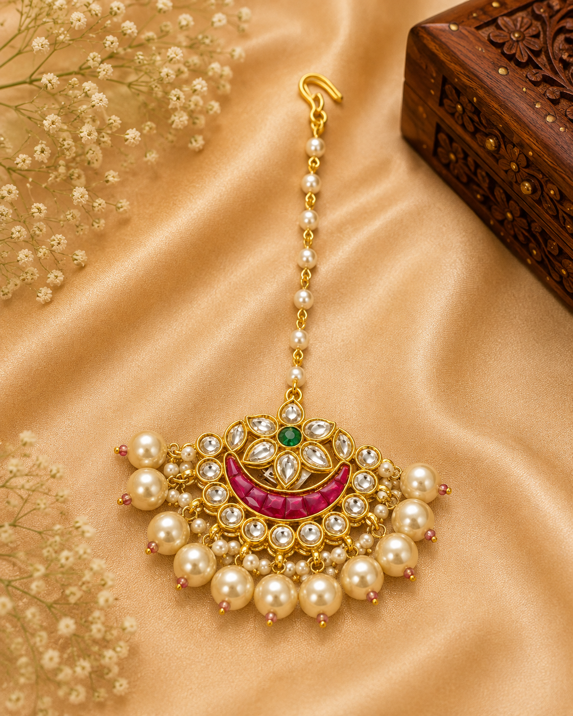Tikka Ruby or Emerald stone with pearl dropping 